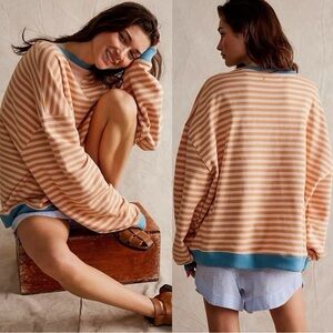 Sz S Free People We the Free Classic Striped Crew Latte Combo peach blue